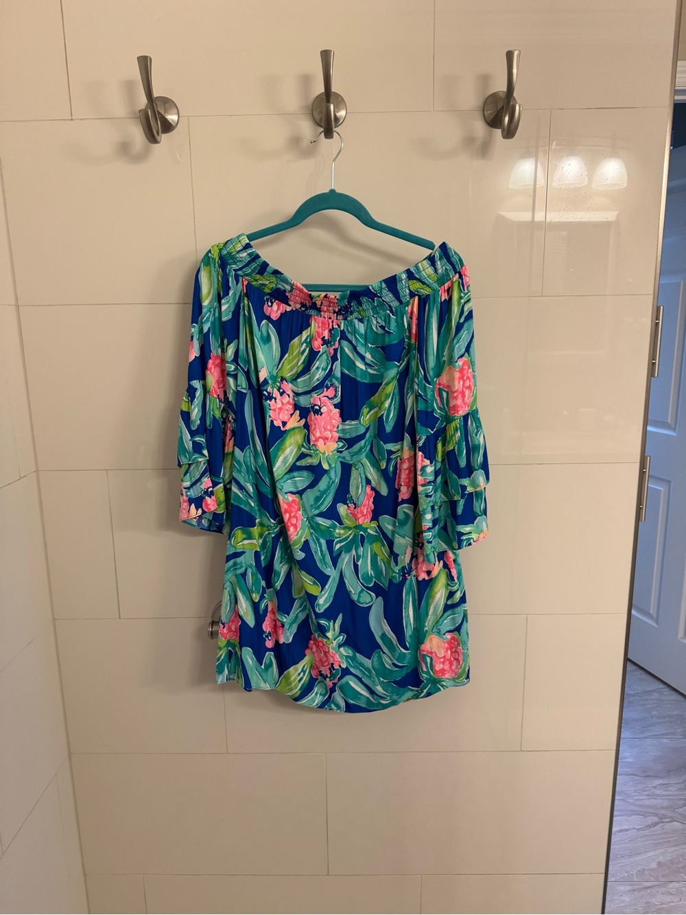 Blue Tropical Off-Shoulder Floral Tunic